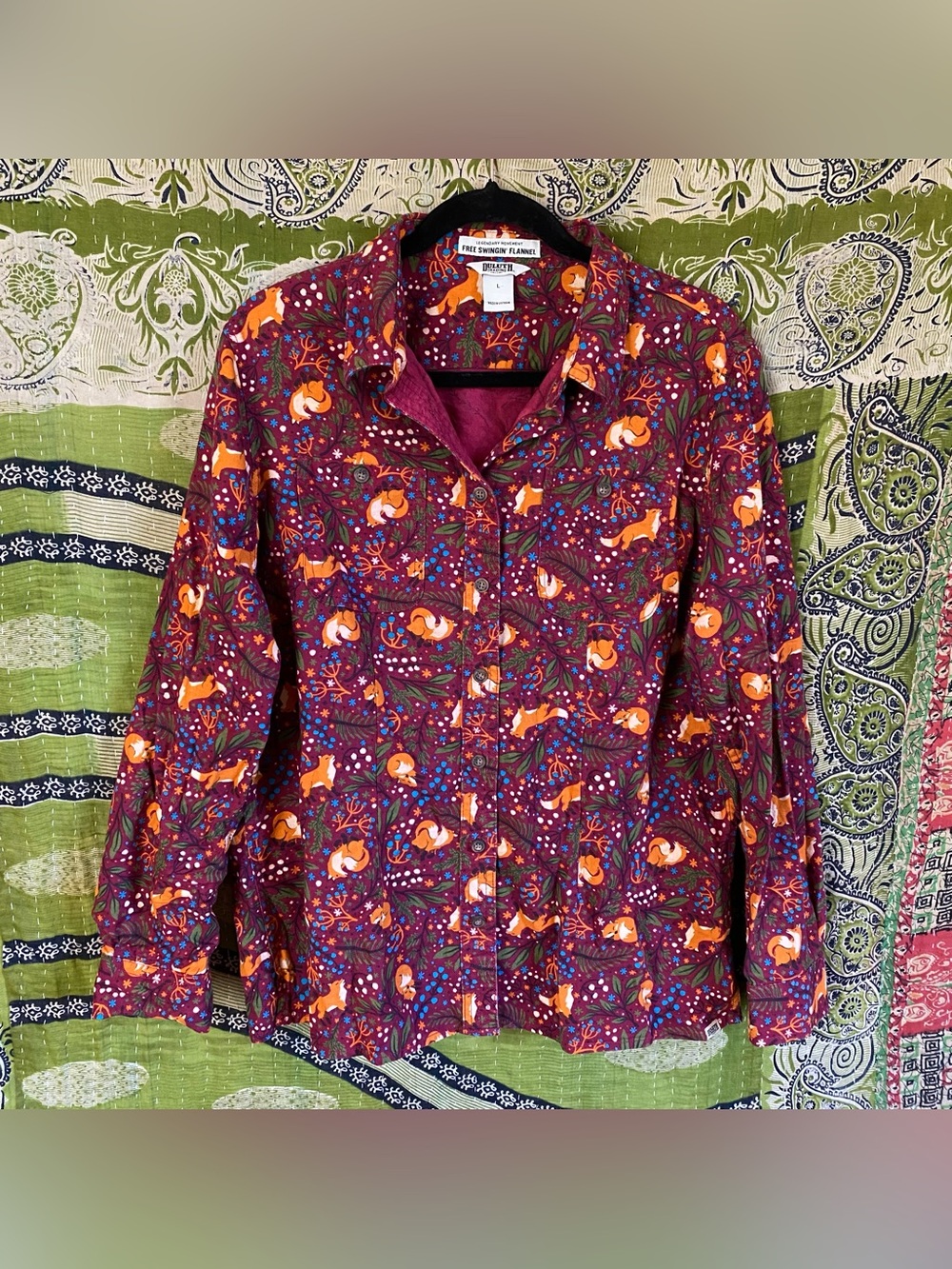 Duluth Trading Co Sangria Fox Free Swinging Flannel Shirt Large Autumn Whimsical